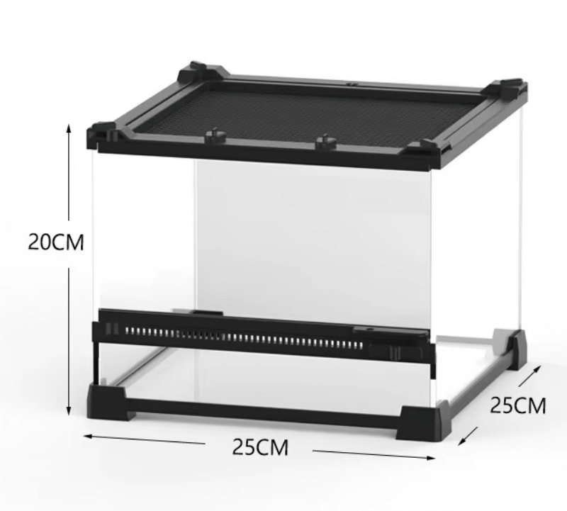 Terrario de vidrio de acceso frontal y superior.